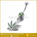 316L Surgical Steel 14G Pot Leaf Enamel Rhinestone Dangle Belly Ring